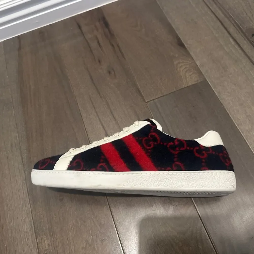 AUTHENTIC GUCCI WOOL ACE GG BLUE RED SNEAKERS 548495 GG 9.5 (fits USA 10.5)